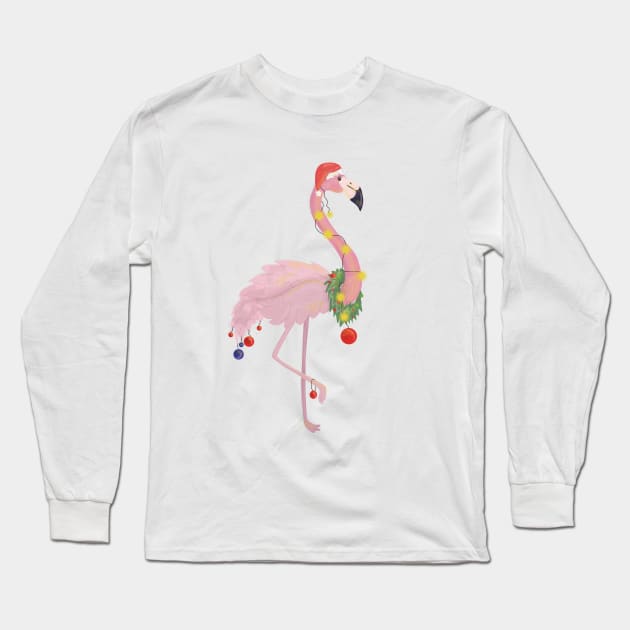 Christmas Flamingo Long Sleeve T-Shirt by MiniMoosePrints